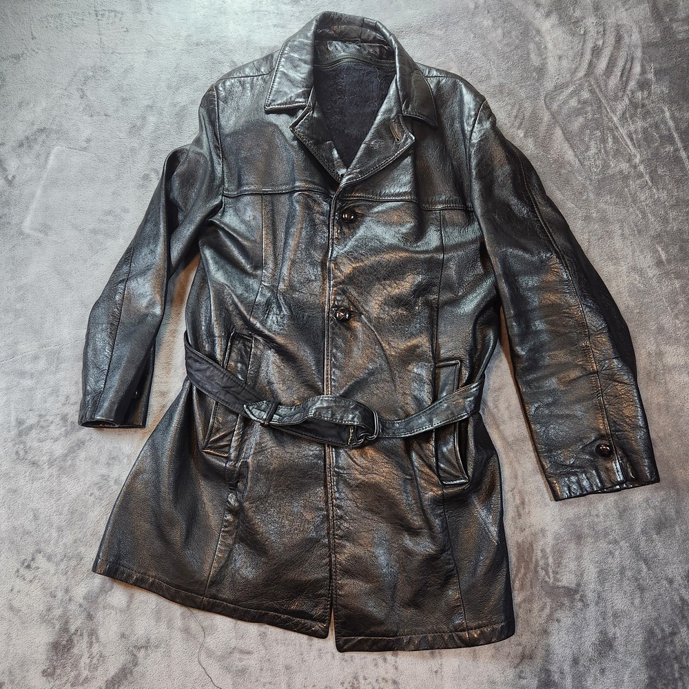 Angola Cabretta Jacket Mens Large Black Belted Car Coat 70s Sheep Vintage